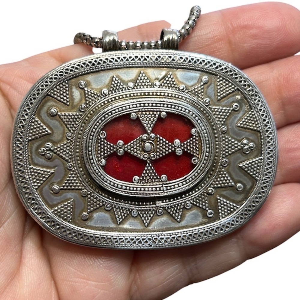 Vintage Sterling Silver Kazakh Style Tribal Pendant Necklace Red Inlay 60mm